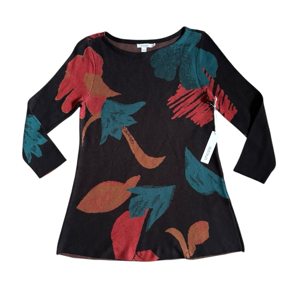 NEW Chicos Abstract Fall Floral Print 3/4 Sleeve Knit
